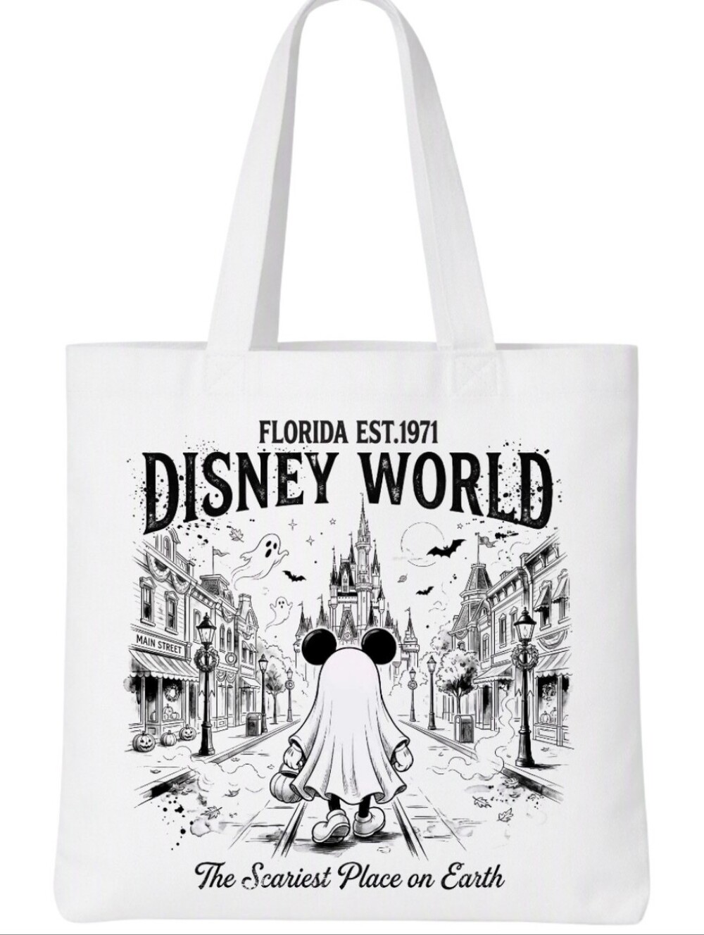 Disney White and Black Graphic Tote Bag - Halloween Main Street Design
